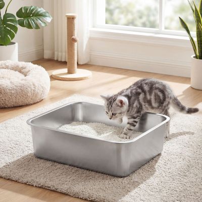 Feandrea Bac à Litière pour Chats en Acier Inoxydable, Ouvert