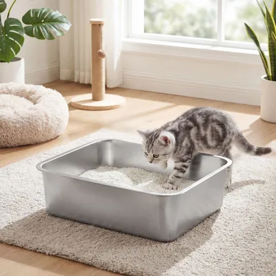 Feandrea Bac à Litière pour Chats en Acier Inoxydable, Ouvert