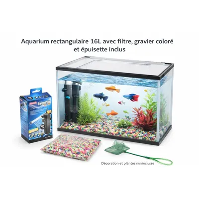 Kit Aquarium rectangulaire 16L avec filtre, gravier et épuisette
