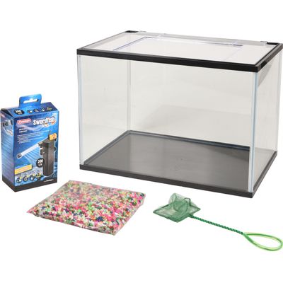 Kit Aquarium rectangulaire 16L avec filtre, gravier et épuisette