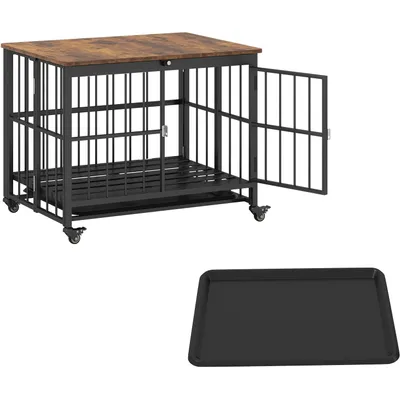 GIANTEX Cage Pliable Chien Table d'Appoint Bois,Roulettes,Plateau Amovible