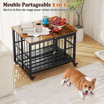 GIANTEX Cage Pliable Chien Table d'Appoint Bois,Roulettes,Plateau Amovible