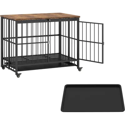 GIANTEX Cage Pliable Chien Table d'Appoint Bois,Roulettes,Plateau Amovible