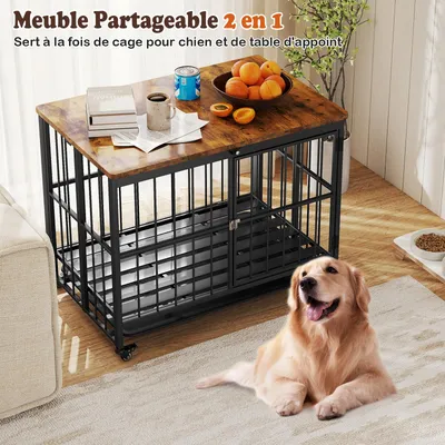 GIANTEX Cage Pliable Chien Table d'Appoint Bois,Roulettes,Plateau Amovible