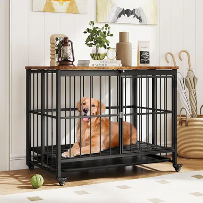 GIANTEX Cage Pliable Chien Table d'Appoint Bois,Roulettes,Plateau Amovible