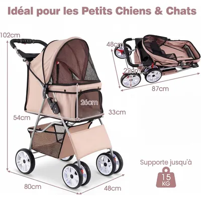 GIANTEX Poussette Chien Pliable 4 Roues,Porte-gobelet Auvent Réglable 15 KG