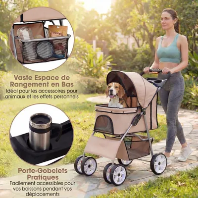 GIANTEX Poussette Chien Pliable 4 Roues,Porte-gobelet Auvent Réglable 15 KG