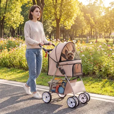 GIANTEX Poussette Chien Pliable 4 Roues,Porte-gobelet Auvent Réglable 15 KG