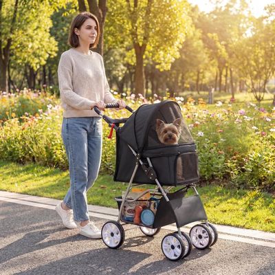 GIANTEX Poussette Chien Pliable 4 Roues,Porte-gobelet Auvent Réglable 15 KG