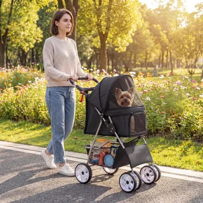 GIANTEX Poussette Chien Pliable 4 Roues,Porte-gobelet Auvent Réglable 15 KG