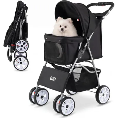 GIANTEX Poussette Chien Pliable 4 Roues,Porte-gobelet Auvent Réglable 15 KG