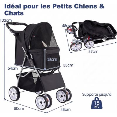 GIANTEX Poussette Chien Pliable 4 Roues,Porte-gobelet Auvent Réglable 15 KG