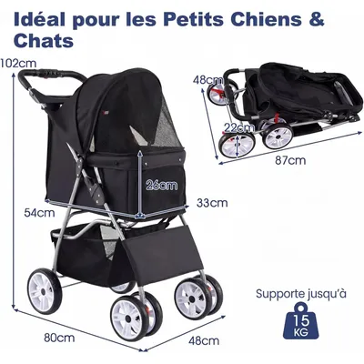 GIANTEX Poussette Chien Pliable 4 Roues,Porte-gobelet Auvent Réglable 15 KG