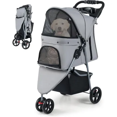 GIANTEX Poussette Chien Chat Pliable, 3 Roues, Capote, Rangement, 15 kg GIANTEX Poussette Chien Chat Pliable, 3 Roues, Capote, Rangement, 15 kg