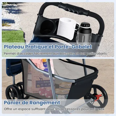 GIANTEX Poussette Chien Chat Pliable, 3 Roues, Capote, Rangement, 15 kg