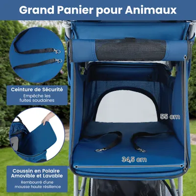 GIANTEX Poussette Chien Chat Pliable, 3 Roues, Capote, Rangement, 15 kg