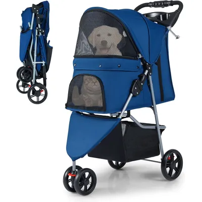 GIANTEX Poussette Chien Chat Pliable, 3 Roues, Capote, Rangement, 15 kg