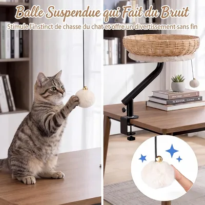 GIANTEX Bureau-lit Chat: Rotin, Rotatif 360°, Hamac, Coussin, Balle
