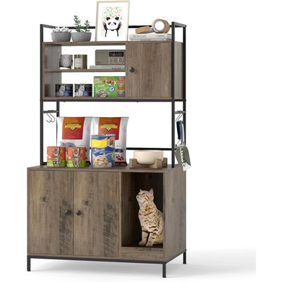 GIANTEX Meuble Litière Chat 78x51 cm 2 Portes, 3 Étagères, Griffoir, Patins