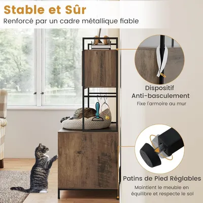 GIANTEX Meuble Litière Chat 78x51 cm 2 Portes, 3 Étagères, Griffoir, Patins