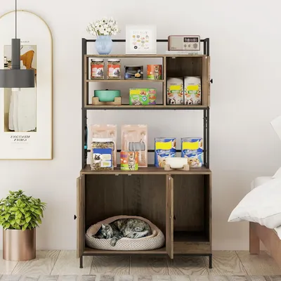 GIANTEX Meuble Litière Chat 78x51 cm 2 Portes, 3 Étagères, Griffoir, Patins