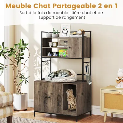 GIANTEX Meuble Litière Chat 78x51 cm 2 Portes, 3 Étagères, Griffoir, Patins