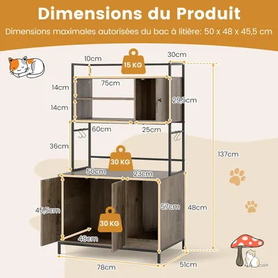 GIANTEX Meuble Litière Chat 78x51 cm 2 Portes, 3 Étagères, Griffoir, Patins
