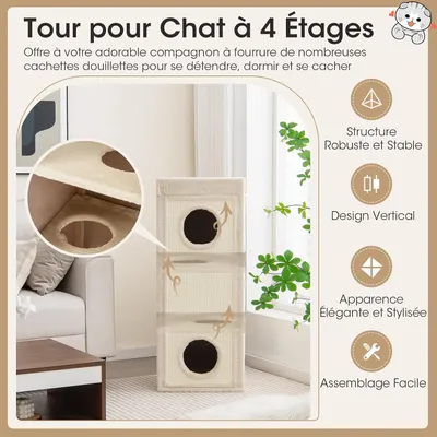 GIANTEX Niche Chat 4 Niveaux 40x40 cm, 3 Cachettes, Sisal, Coussin.