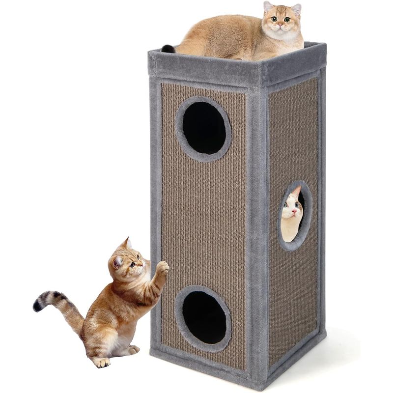 GIANTEX Kratztonne 3 Verstecke Plattform Abnehmbares Kissen Sisal Katze