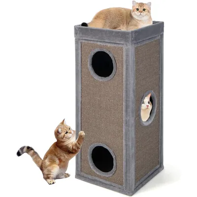 GIANTEX Niche Chat 4 Niveaux 40x40 cm, 3 Cachettes, Sisal, Coussin.