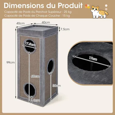 GIANTEX Niche Chat 4 Niveaux 40x40 cm, 3 Cachettes, Sisal, Coussin.