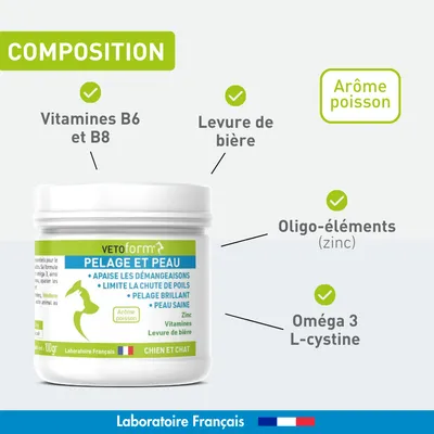 Vétoform Pelage et Peau - Complément Alimentaire - Chien et Chat 100gr Vétoform Pelage et Peau - Complément Alimentaire - Chien et Chat 100gr
