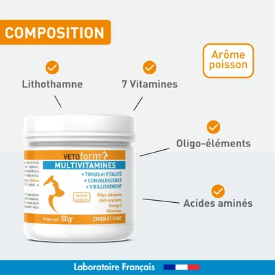 Vétoform Multivitamines - Complément Alimentaire Chien et Chat - 100gr Vétoform Multivitamines - Complément Alimentaire Chien et Chat - 100gr