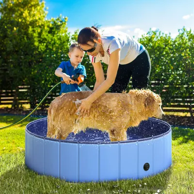 PawHut - Bassin chien pliable vidange fond antidérap. diam. 1,20m - bleu