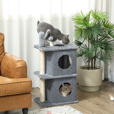 PawHut - Arbre à chat 3 niveaux, 2 niches, balle amovible H.80cm-gris foncé