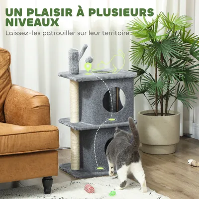 PawHut - Arbre à chat 3 niveaux, 2 niches, balle amovible H.80cm-gris foncé