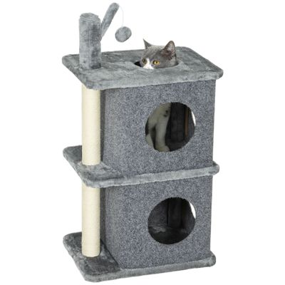 PawHut - Arbre à chat 3 niveaux, 2 niches, balle amovible H.80cm-gris foncé