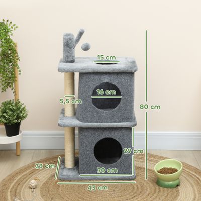 PawHut - Arbre à chat 3 niveaux, 2 niches, balle amovible H.80cm-gris foncé