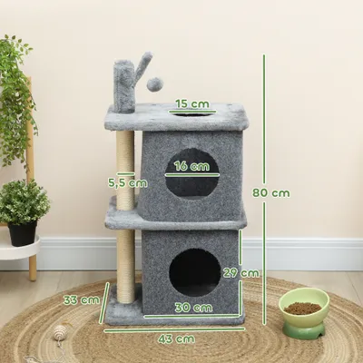 PawHut - Arbre à chat 3 niveaux, 2 niches, balle amovible H.80cm-gris foncé