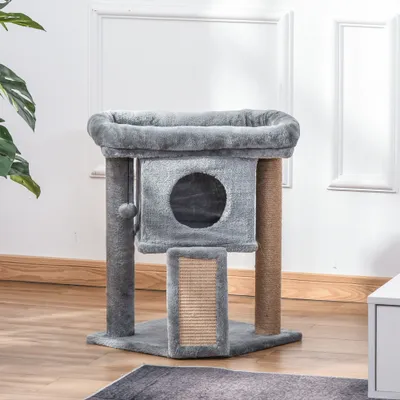 PawHut - Arbre à Chat avec Griffoir, Niche, Perchoir et Jouet - gris