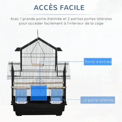 PawHut - Cage à oiseaux complète 3 portes plateau amovible poignée - noir