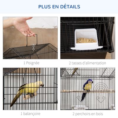 PawHut - Cage à oiseaux complète 3 portes plateau amovible poignée - noir