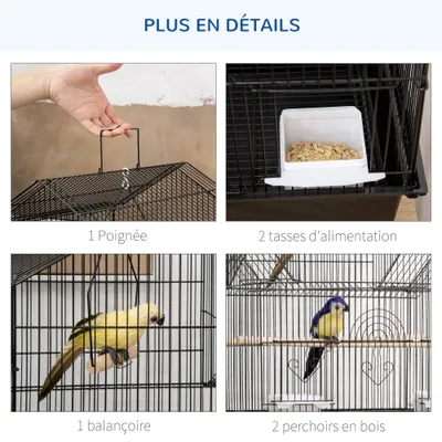 PawHut - Cage à oiseaux complète 3 portes plateau amovible poignée - noir