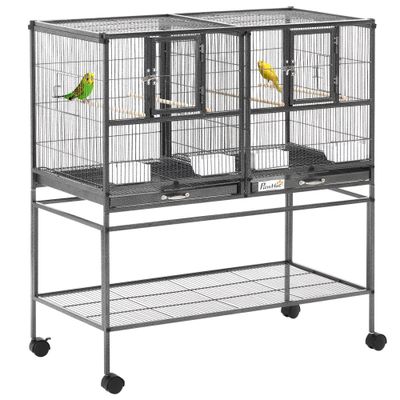 PawHut - Cage oiseaux séparation mangeoire et perchoir H.102cm - noir gris