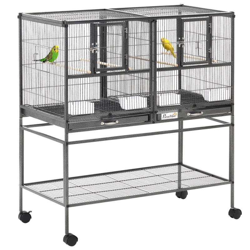 PawHut - Cage oiseaux séparation mangeoire et perchoir H.102cm - noir gris