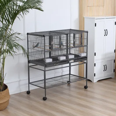 PawHut - Cage oiseaux séparation mangeoire et perchoir H.102cm - noir gris