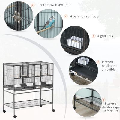 PawHut - Cage oiseaux séparation mangeoire et perchoir H.102cm - noir gris