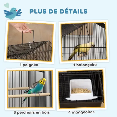 PawHut - Cage à oiseaux design maison, grande porte, plateau déjection