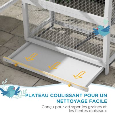 PawHut - Volière Bois - 3P, T Dble Pte, Éch, Perch, Nich, Plat - Gris