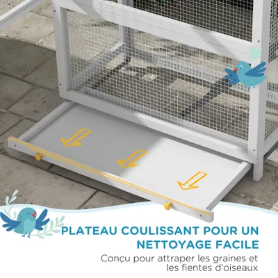 PawHut - Volière Bois - 3P, T Dble Pte, Éch, Perch, Nich, Plat - Gris